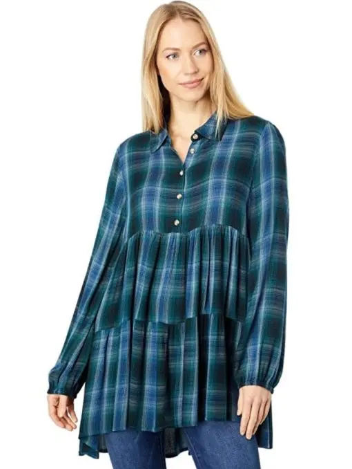 LUCKY BRAND Womens Navy Ruffled Unlined Button Front Pullover Plaid Long Sleeve Collared Tunic Top S