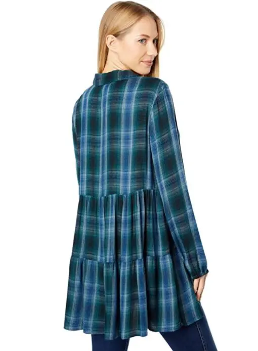 LUCKY BRAND Womens Navy Ruffled Unlined Button Front Pullover Plaid Long Sleeve Collared Tunic Top S - Image 2