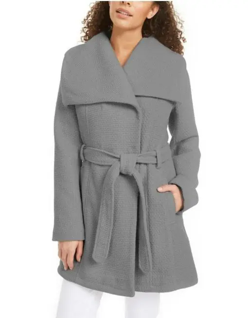 Madden Girl Junior's Asymmetrical Belted Wrap Coat Grey Size XXL