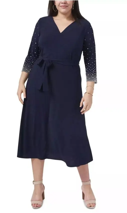 MSK Jersey Dress Plus Size 2X Navy Blue Belted Beaded Sleeve Midi A-Line 2X