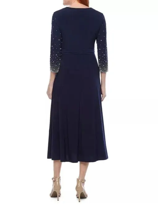 MSK Jersey Dress Plus Size 2X Navy Blue Belted Beaded Sleeve Midi A-Line 2X - Image 3