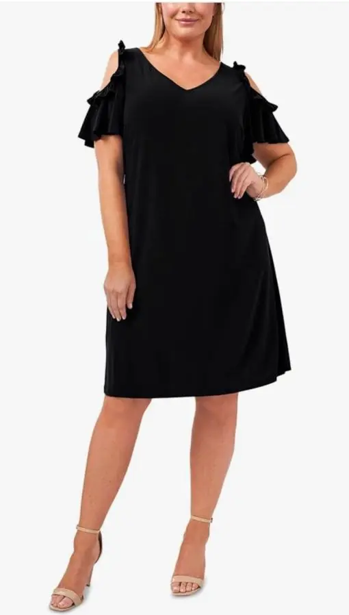 MSK Womens Black Stretch Cold Shoulder Ruffled Pullover Styling Flutter Sleeve V Neck Above The Knee Party Shift Dress PM