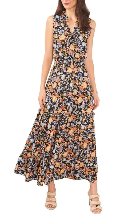 MSK Women's Floral-Print Smocked-Waist Tiered Maxi Dress M