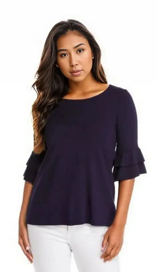 New Directions Hudson Navy Women's Ruffle Sleeve Crepe Knit Top M