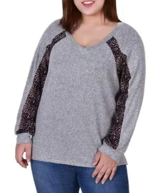 NY Collection Plus Long Sleeve Combo Top - Grey/Cheetah PXL