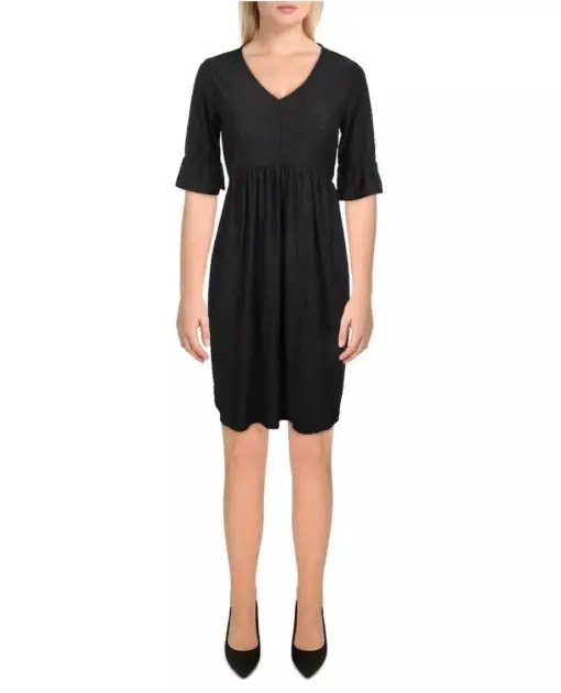 NY COLLECTION WOMENS TEXTURED V-NECK DAYTIME SHIFT DRESS PETITES PM