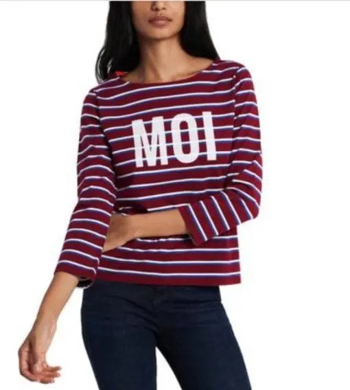 RILEY&RAE Womens Burgundy Cotton Embroidered Striped 3/4 Sleeve Crew Neck Top XXS