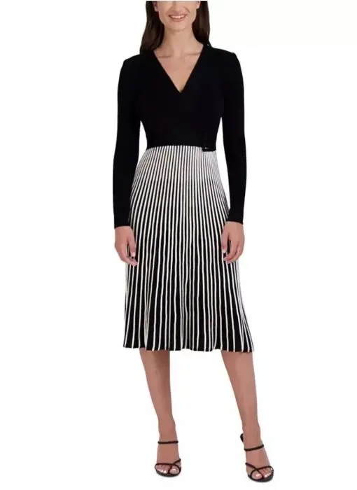 Robbie Bee Two-Tone Belted Sweater Dress Black/White XL