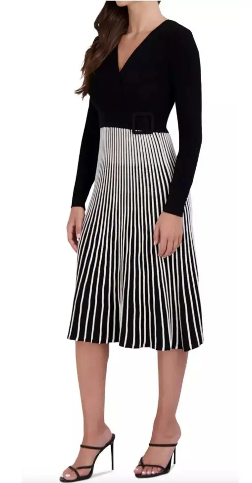 Robbie Bee Two-Tone Belted Sweater Dress Black/White XL - Image 2