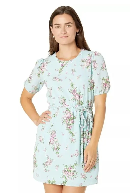 Sage Blue Floral Braided Belt Dress Women Dresses 8