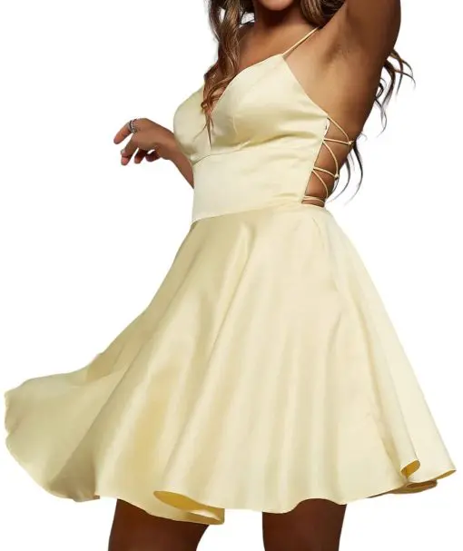 Strappy-Open-Back Short Pastel Prom Dress Yellow