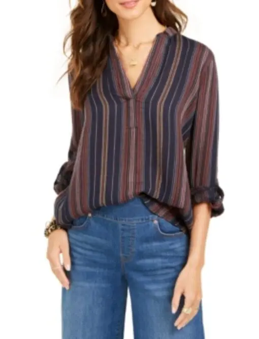 Style & Co Cotton Striped Cuffed-Sleeve Top, XXL