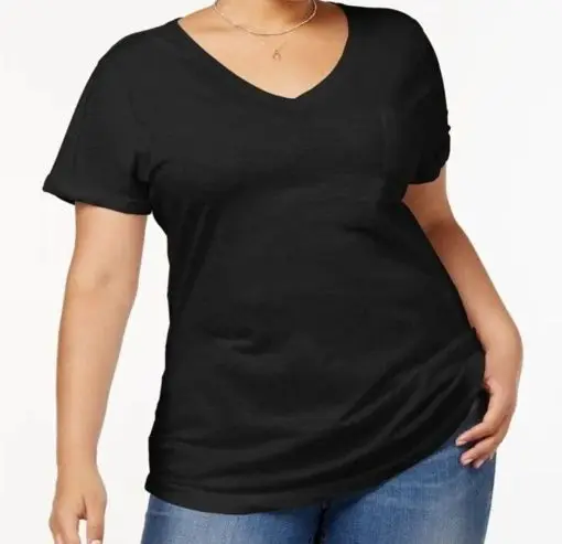 Style & Co. Essential Tee V Neck T-shirt Pocket Cuff Sleeve BLACK 2X