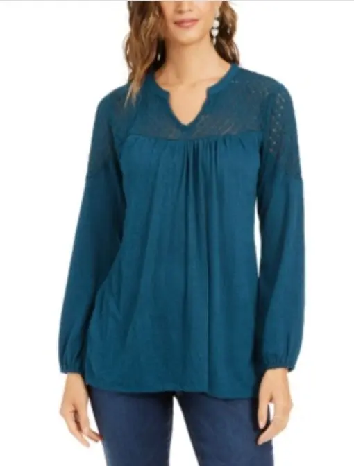 Style & Co Petite Lace-Shoulder Top,  Dark Kale PL