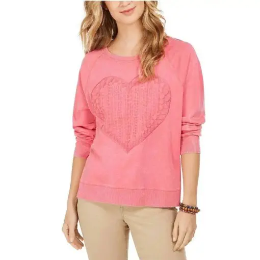 Style & Co Pink Heart Trim Cotton Scoop Neck Pullover Sweatshirt Size XL