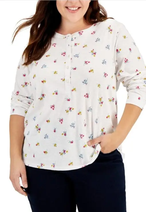 Style & Co Plus Size Floral-Print Henley Top, Lucy Bouquet