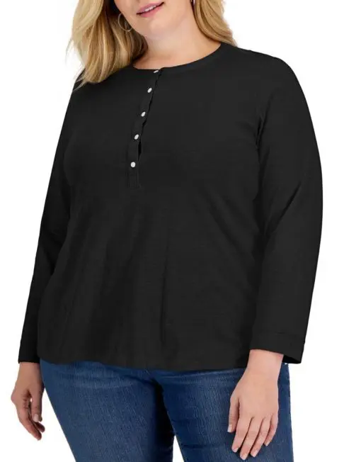 Style & Co Plus Size Henley Top, Deep Black SIZE0X