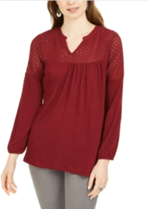 Style & Co Women S Petite Lace-Shoulder Top Red Size PS