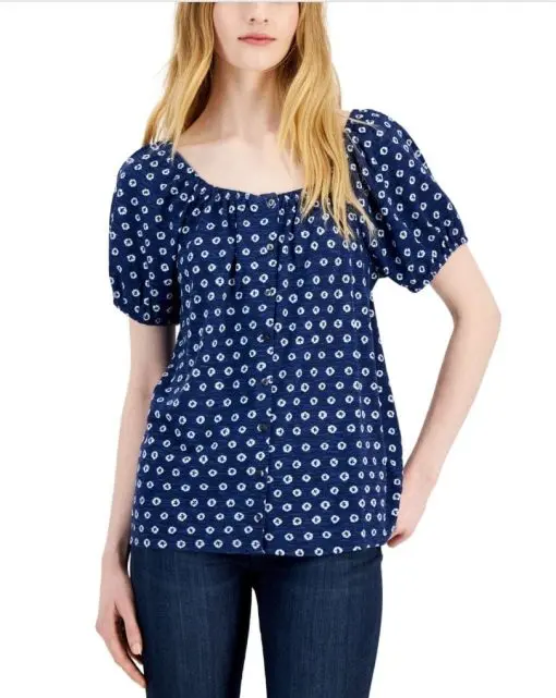 Style & Co Women's Cotton on/Off-the-Shoulder Blouse, Blue Dye Dots XL