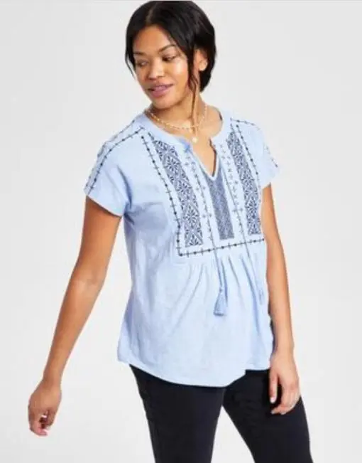 Style & Co Women's Embroidered Split-Neckline Top, Denim Blue M