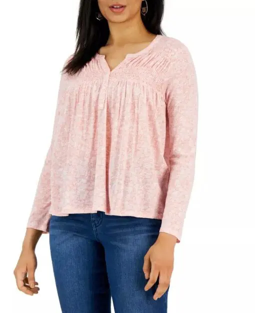 Style & Co Women's Knit Smocked Long Sleeve Top Pink Size Petite Large