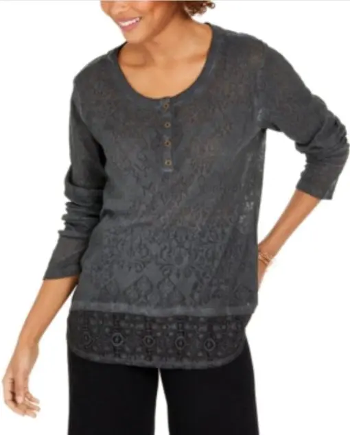 Style & Co Women's Lace Henley Top SIZE(L, Deep Black)