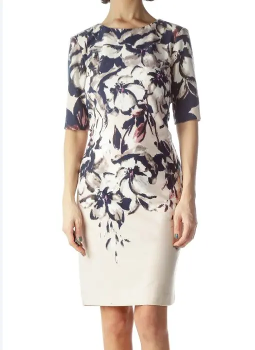 Taylor: Light Pink Navy Blue Floral Print Dress | Silkroll 4