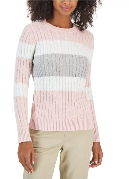 Tommy Hilfiger Women S Flag Logo Colorblocked Cotton Cable Knit Sweater Pink Size X-Small