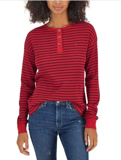 Tommy Hilfiger Women S Long Sleeve Striped Boxy Henley Top Red Size X-Large