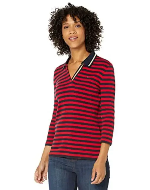 Tommy Hilfiger Women S Striped Cotton Johnny Collar Polo Top Red Size Large