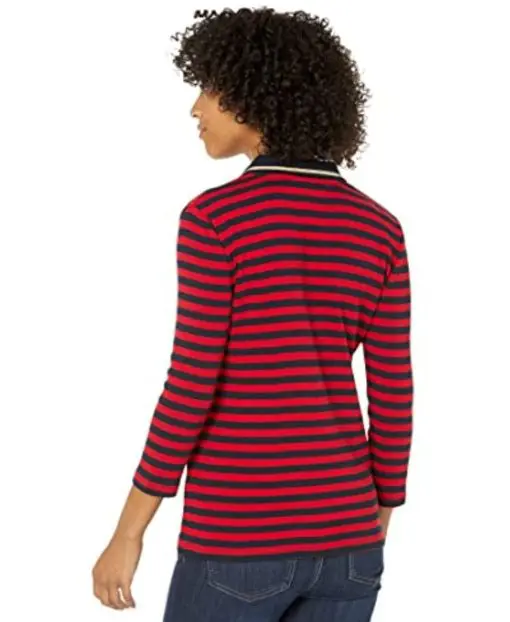 Tommy Hilfiger Women S Striped Cotton Johnny Collar Polo Top Red Size Large - Image 2