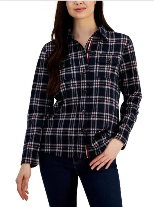 Tommy Hilfiger Women's Collared Plaid Shirt Jacket - Hillside Plaid- Sky Captain/crimson XXL