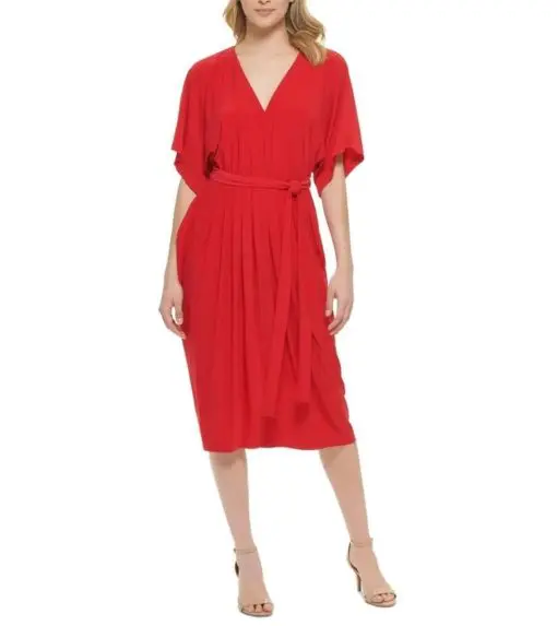 TOMMY HILFIGER WOMENS MATTE JERSEY PLEATED FLUTTER SLEEVE MIDI DRESS 18