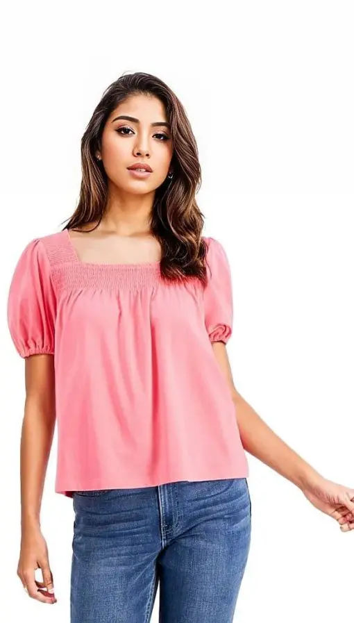 TOMMY HILFIGER Womens Pink Smocked Gathered Pouf Sleeve Square Neck Top S