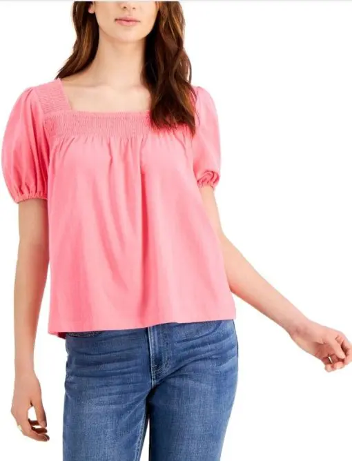 TOMMY HILFIGER Womens Pink Smocked Relaxed Fit Pouf Sleeve Square Neck Top M