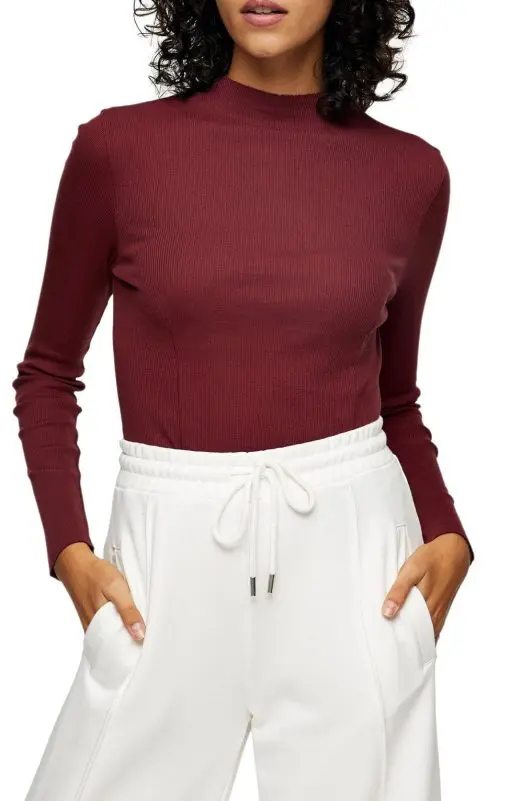 Topshop Ribbed Funnel Neck Cotton Top, Size 2 US - Burgundy