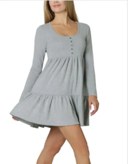 ULTRA FLIRT Womens Gray Stretch Heather Long Sleeve Scoop Neck Short Baby Doll Dress Juniors L