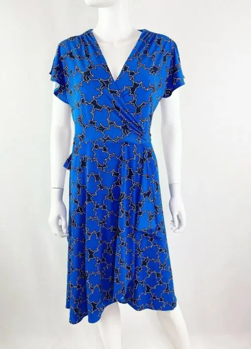 Vicky Tiel royal blue floral wrap dress with maple leaf print S