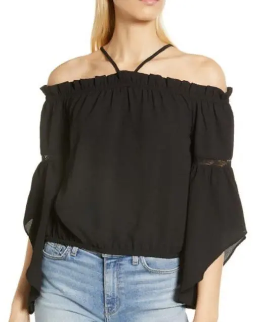 Vince Camuto Lace Inset Crepe Blouse in Rich Black at Nordstrom, Size Medium