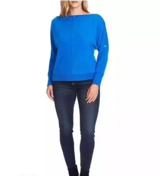 Vince Camuto  Metro Blue Holiday Snap Trim Dolman Sleeve Sweater Medium