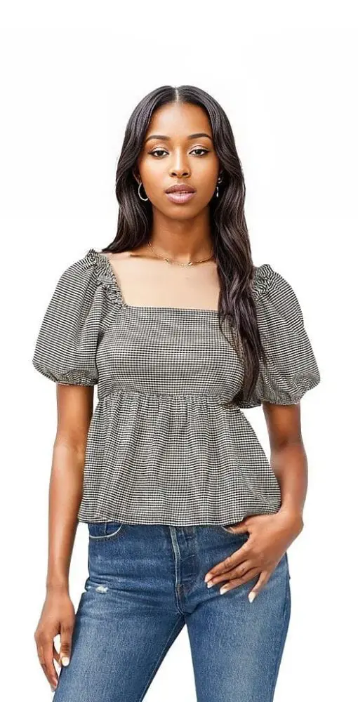 Womens Check Print Square Neck Peplum Top L