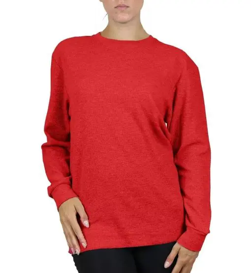 Women's Loose Fit Waffle Knit Thermal Shirt - Red XL