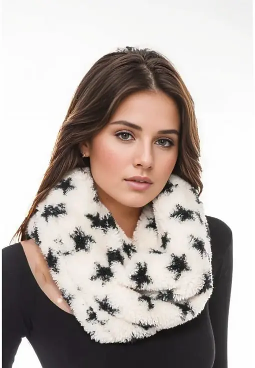 Womens Scarf Twisted Sherpa Cowl White with Black Stars JENNI  NWT