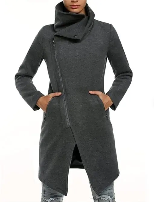 Zeagoo Women Winter Fashion Asymmetrical Long Wool Trench Coat Zip Up Jacket Gray S