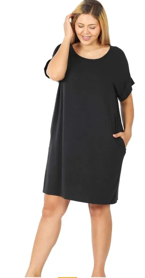 Zenana Rolled Short Sleeve Round Neck Dress Black 3X