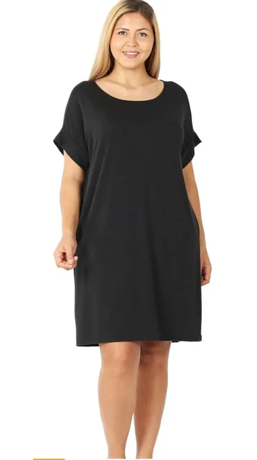 Zenana Rolled Short Sleeve Round Neck Dress Black 3X - Image 3