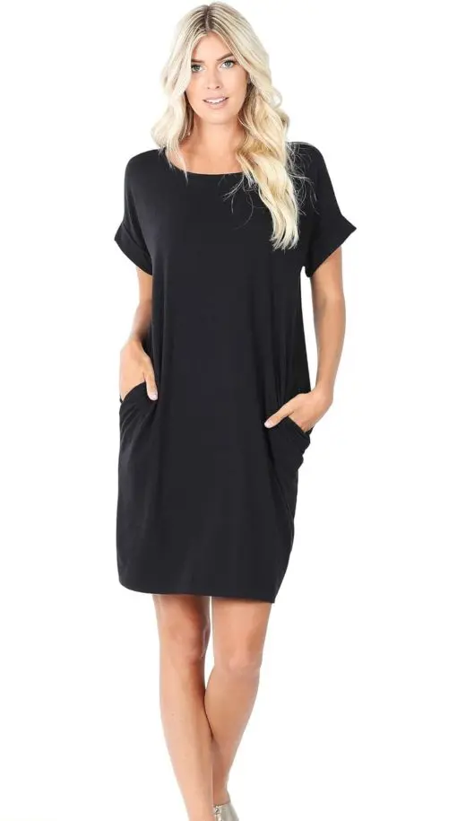 Zenana Rolled Short Sleeve Round Neck Dress Black 3X - Image 4