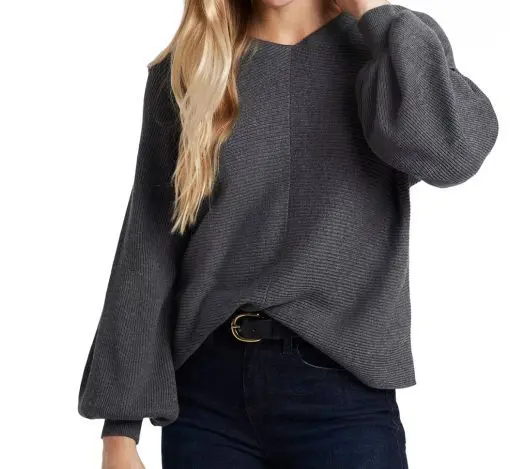 1.state Women's Rib-Knit Bubble Sleeve Long Sleeve Sweater - Medium Heather Gray Size L