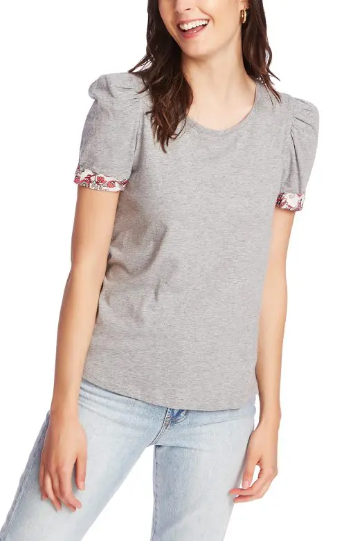 Court & Rowe Puff Sleeve Tee with Contrast Cuffs in Silver Heather  Size Small