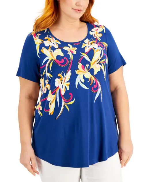 Jm Collection Plus Size Printed Top, - Navy Peony Combo 2X